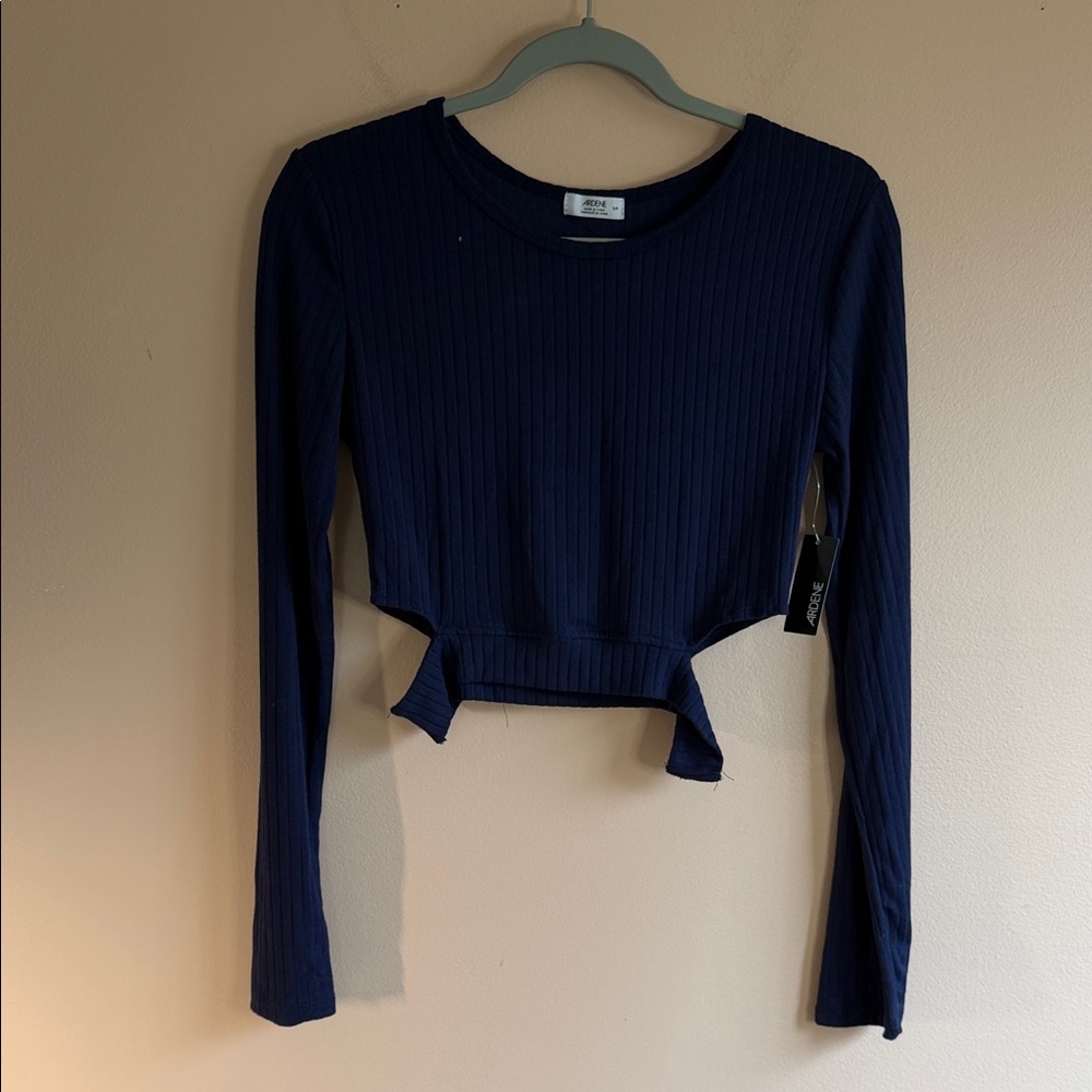 Ardene Navy Ribbed Long Sleeve Cropped Top with Side Ties